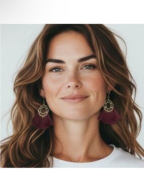 Clover Gold Filigree Tassel Earrings in Burgundy